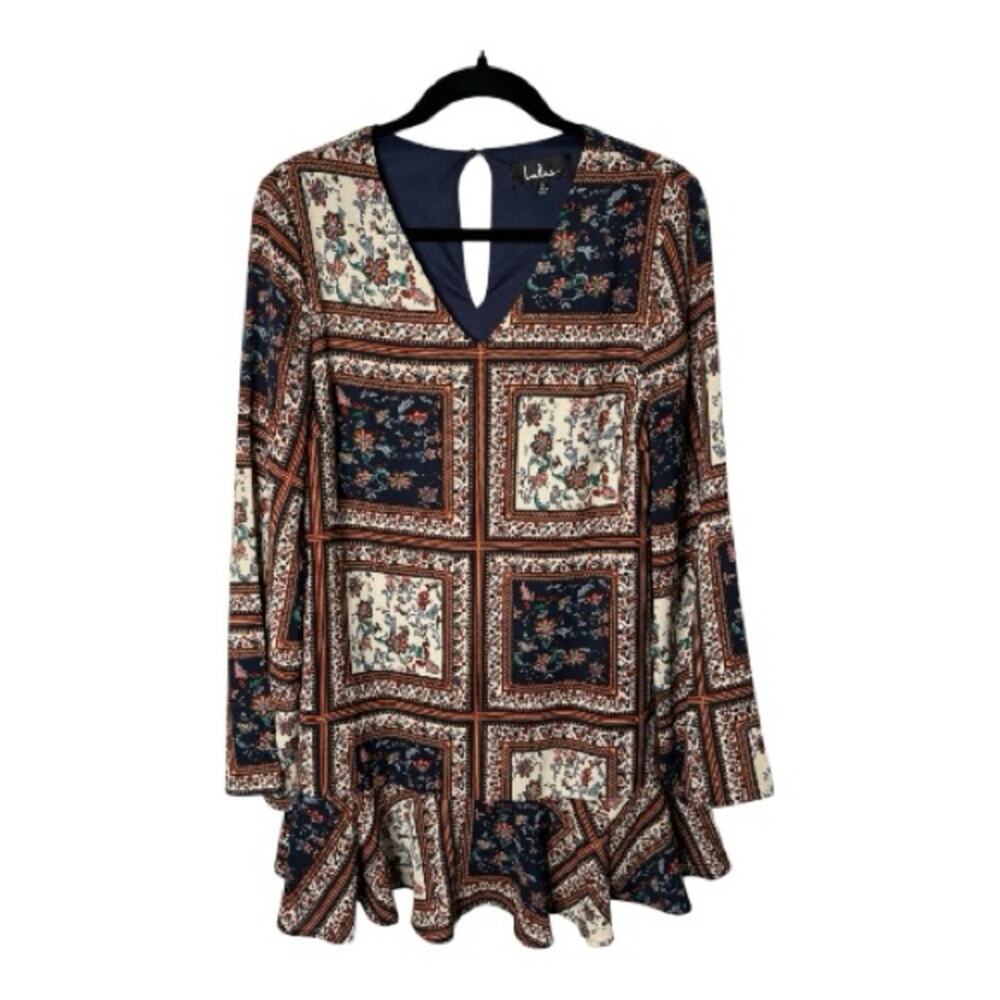 Lulu’s Brown Blue Floral Print Long Sleeve Ruffle Hem Mini Dress Small
